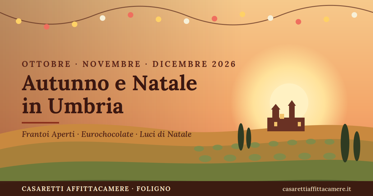 Autunno e Natale in Umbria: colline, borgo e luci di Natale al tramonto